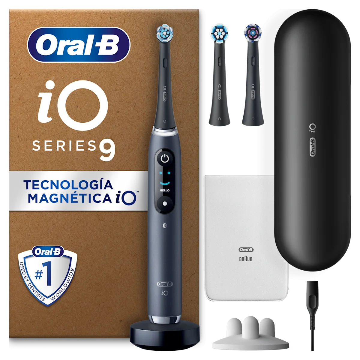Cepillo de dientes eléctrico iO9 Negro con 3 cabezales y estuche de carga de viaje y carga rápida