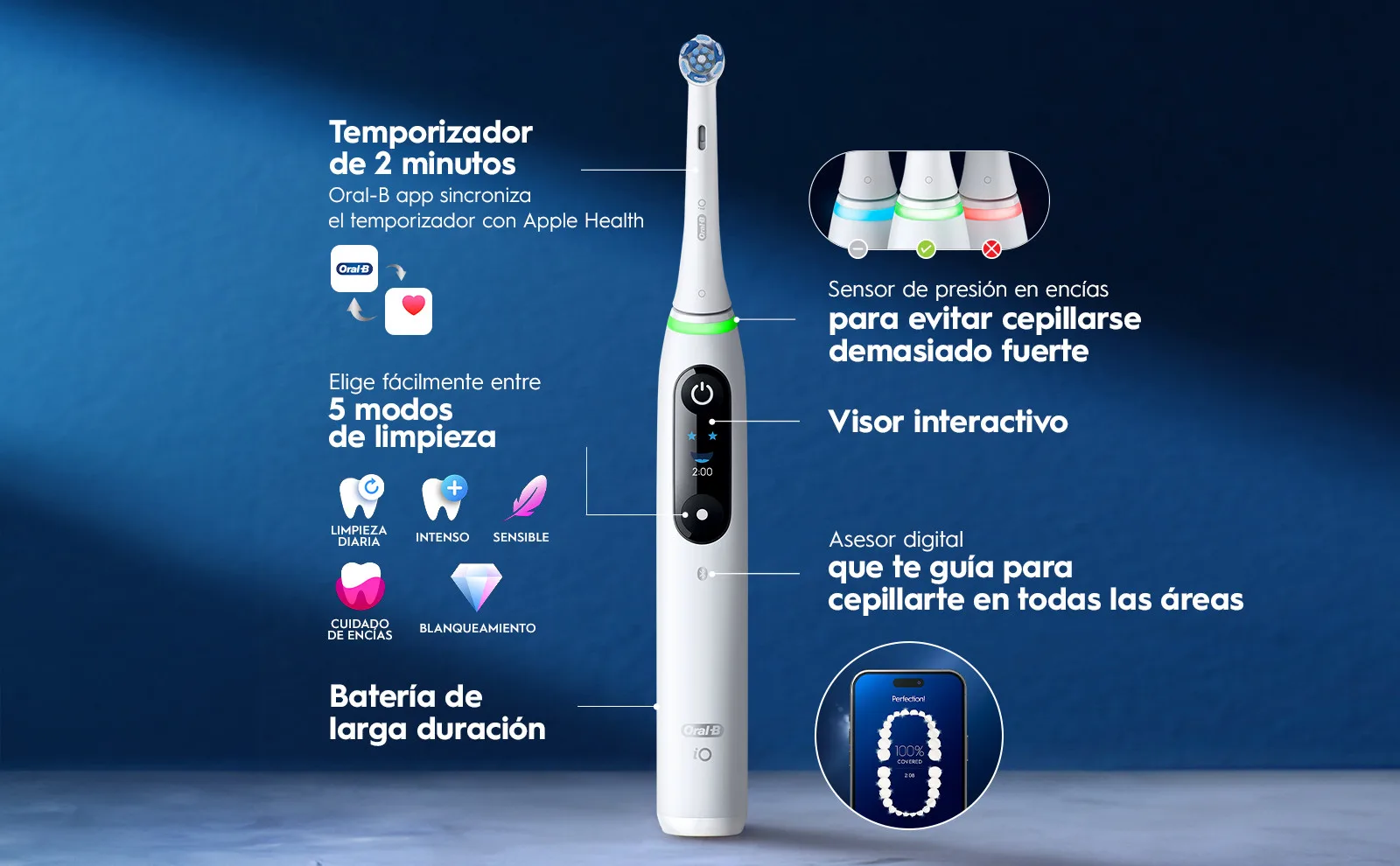 Cepillo eléctrico con temporizador, sensor de presión, visor interactivo y 5 modos de limpieza.