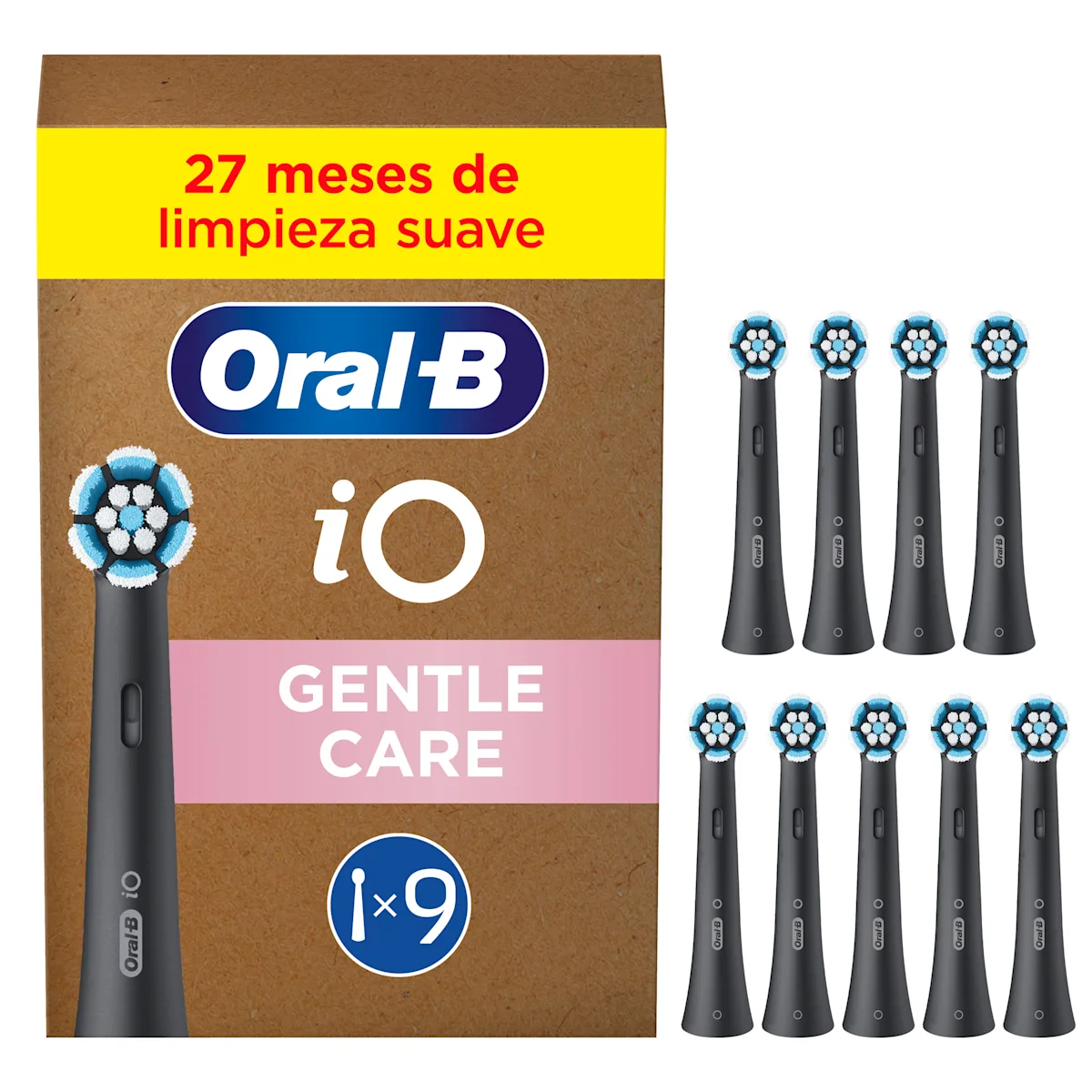 Oral-B iO cabezales de recambio Gentle Care, paquete de 9 unidades, para una limpieza suave.