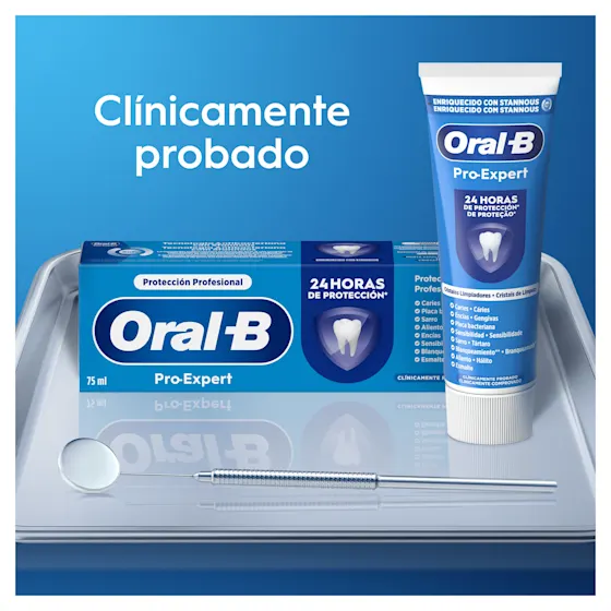 Oral-B Pro-Expert, clínicamente probado, ofrece 24 horas de protección, mostrando una sonrisa saludable y un aliento fresco.
