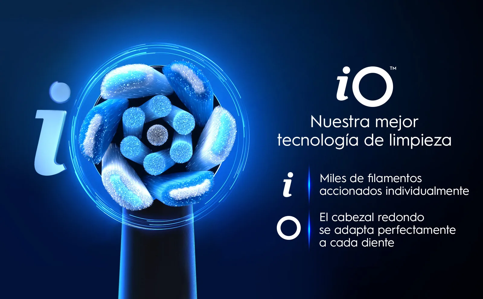 Cabezal redondo de cepillo iO con filamentos azules iluminados y tecnología dental