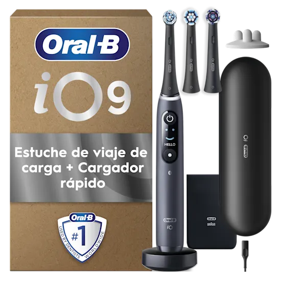 Oral-B iO9 Edición Regalo de Navidad, mostrando la caja y el cepillo con sus cabezales y estuche de viaje.