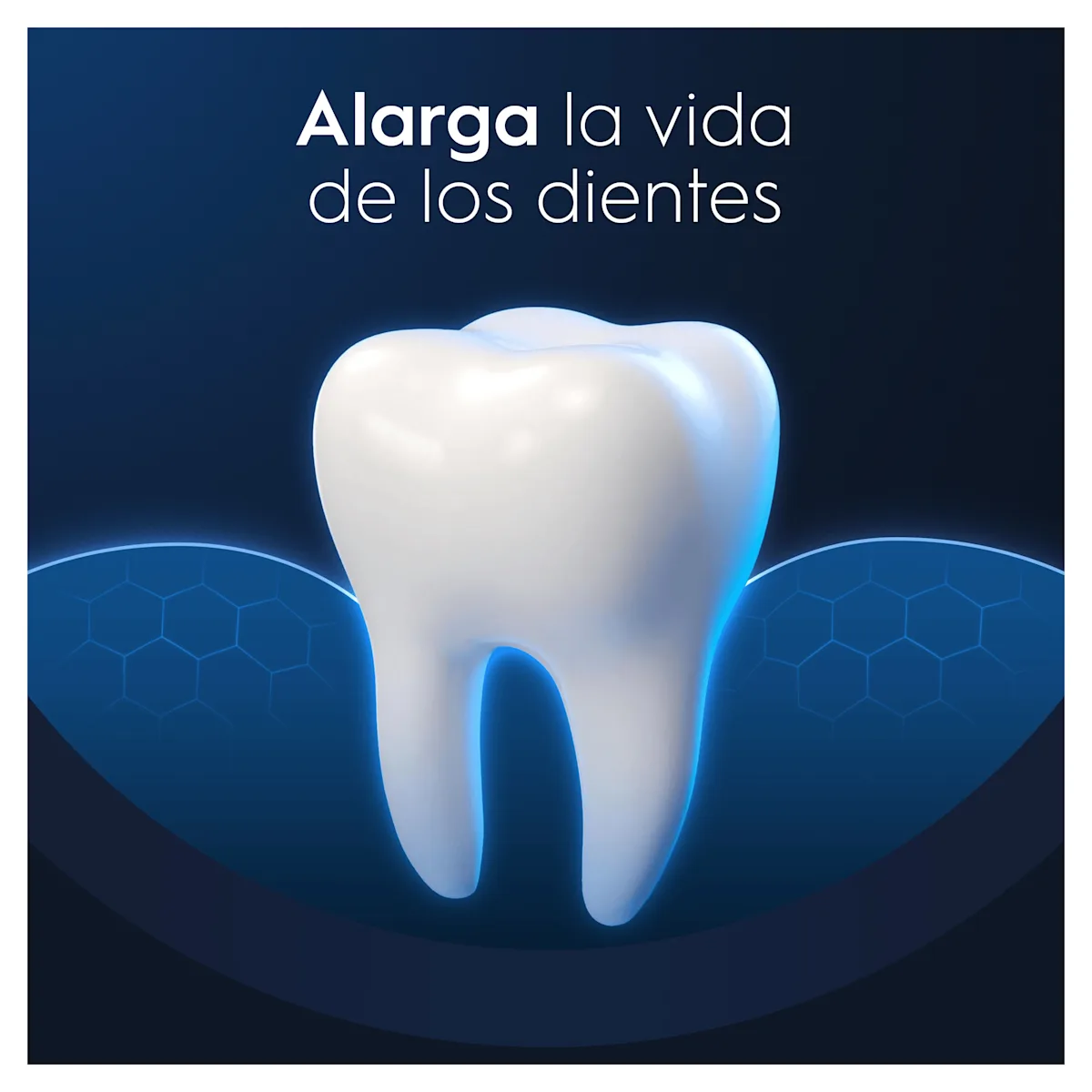 Oral-B alarga la vida de los dientes, ilustrado con un diente brillante y sano rodeado de protección azul.