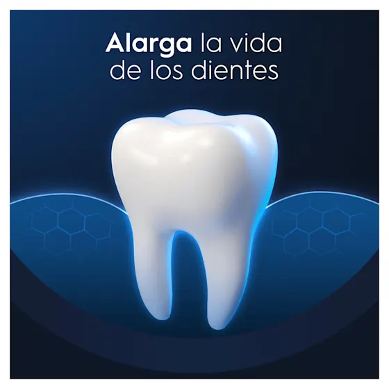 Oral-B alarga la vida de los dientes, ilustrado con un diente brillante y sano rodeado de protección azul.