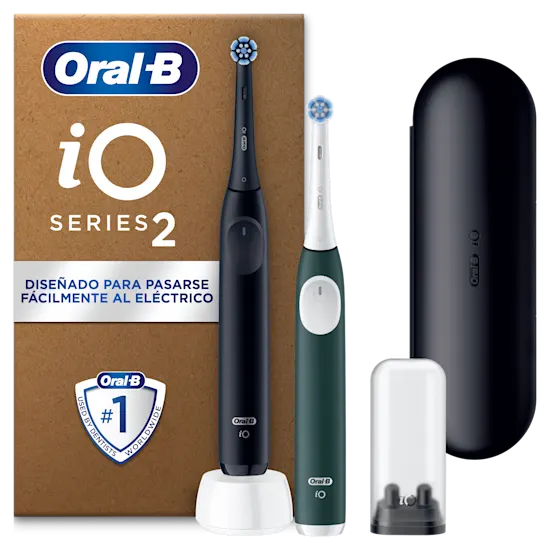 Oral-B iO2, kit de dos cepillos de dientes eléctricos (negro y verde) con el claim de eliminar 100% más placa.