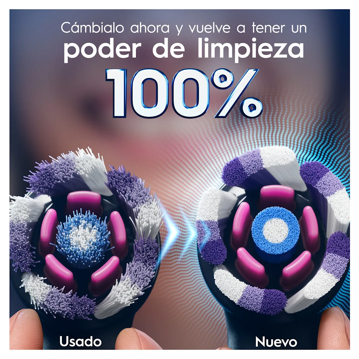 Cabezal de cepillo Oral-B nuevo, comparado con un cabezal usado, para demostrar un poder de limpieza del 100%.