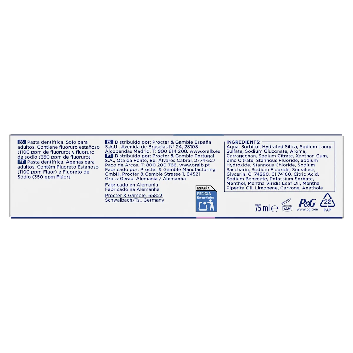 Oral-B Advanced, tubo de pasta de dientes, destacando su fórmula con efecto 2x más potente para la protección de encías.