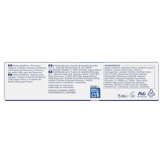 Oral-B Advanced, tubo de pasta de dientes, destacando su fórmula con efecto 2x más potente para la protección de encías.
