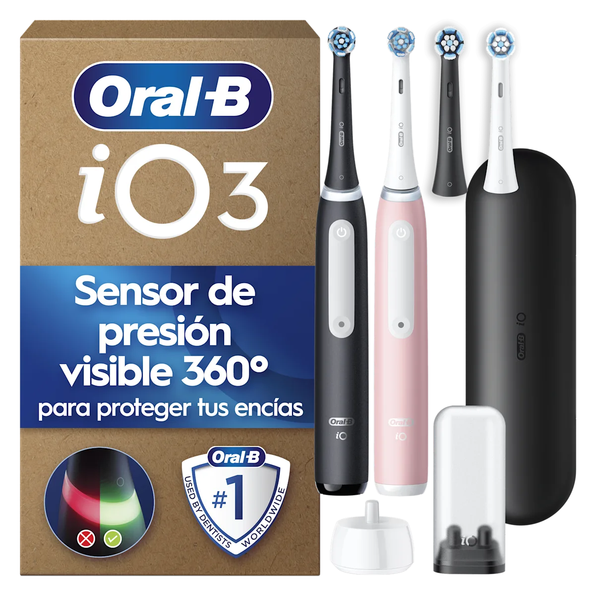 Pack de 2 cepillos eléctricos iO3 Negro y Rosa con 4 cabezales y funda de viaje