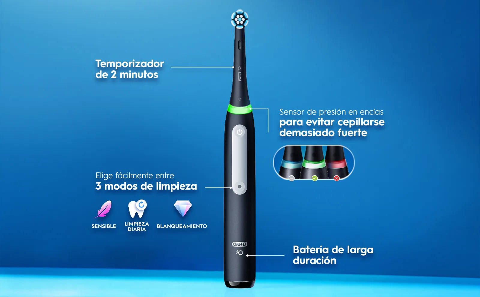 Cepillo rosa c/ temporizador, sensor de presión y 3 modos: sensible, diario y blanqueamiento.