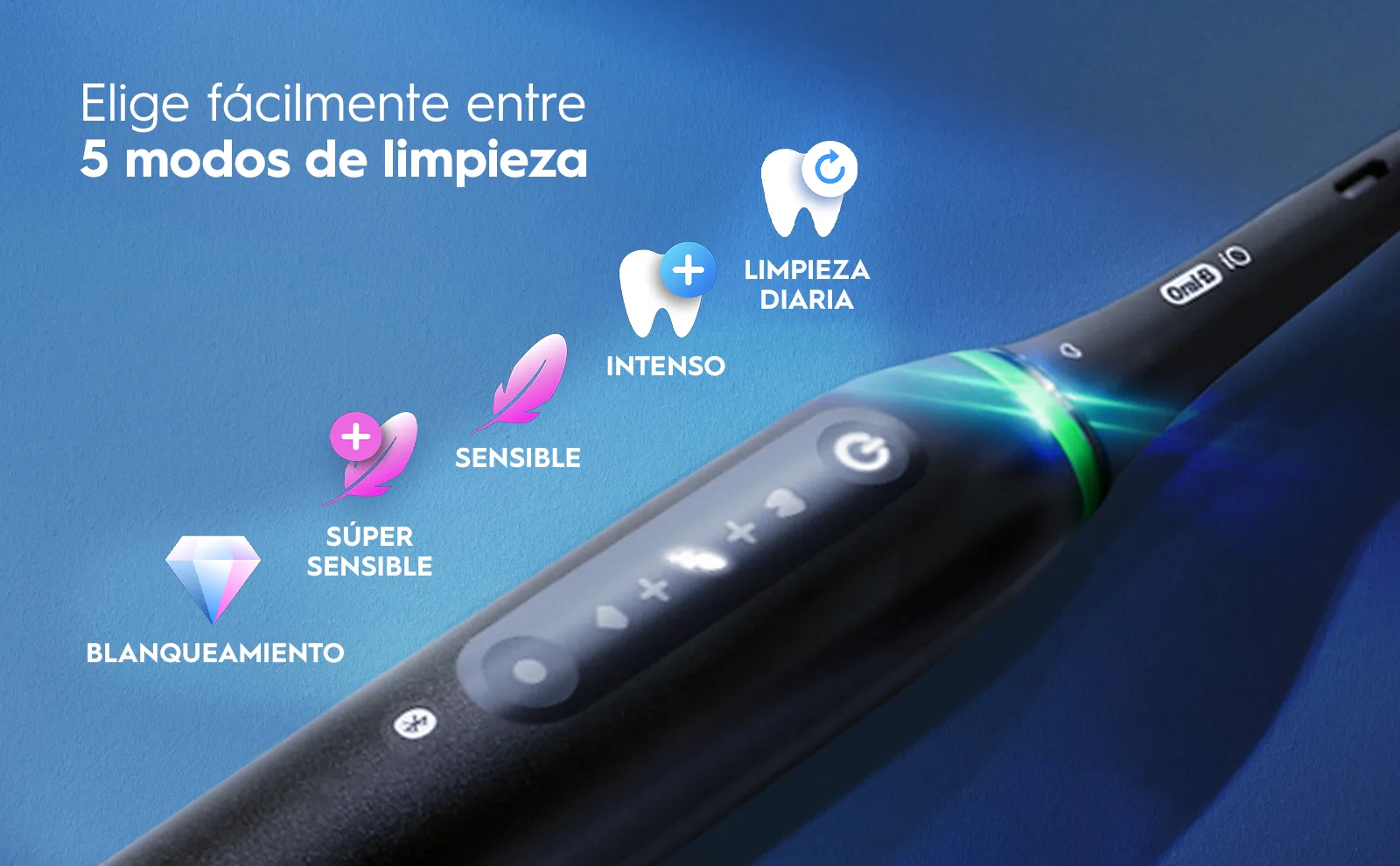 Cepillo eléctrico con 5 modos: blanqueamiento, súper sensible, sensible, intenso y limpieza diaria.