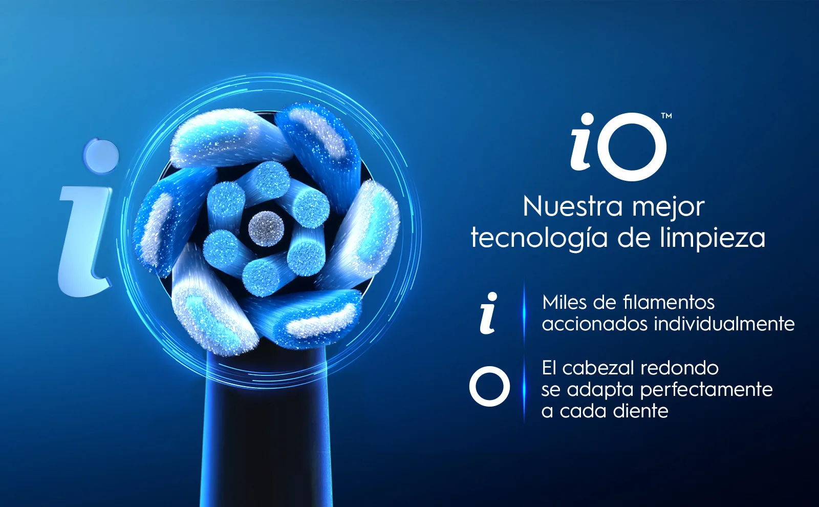 Cabezal de cepillo eléctrico azul iO con tecnología de limpieza avanzada y filamentos especiales.
