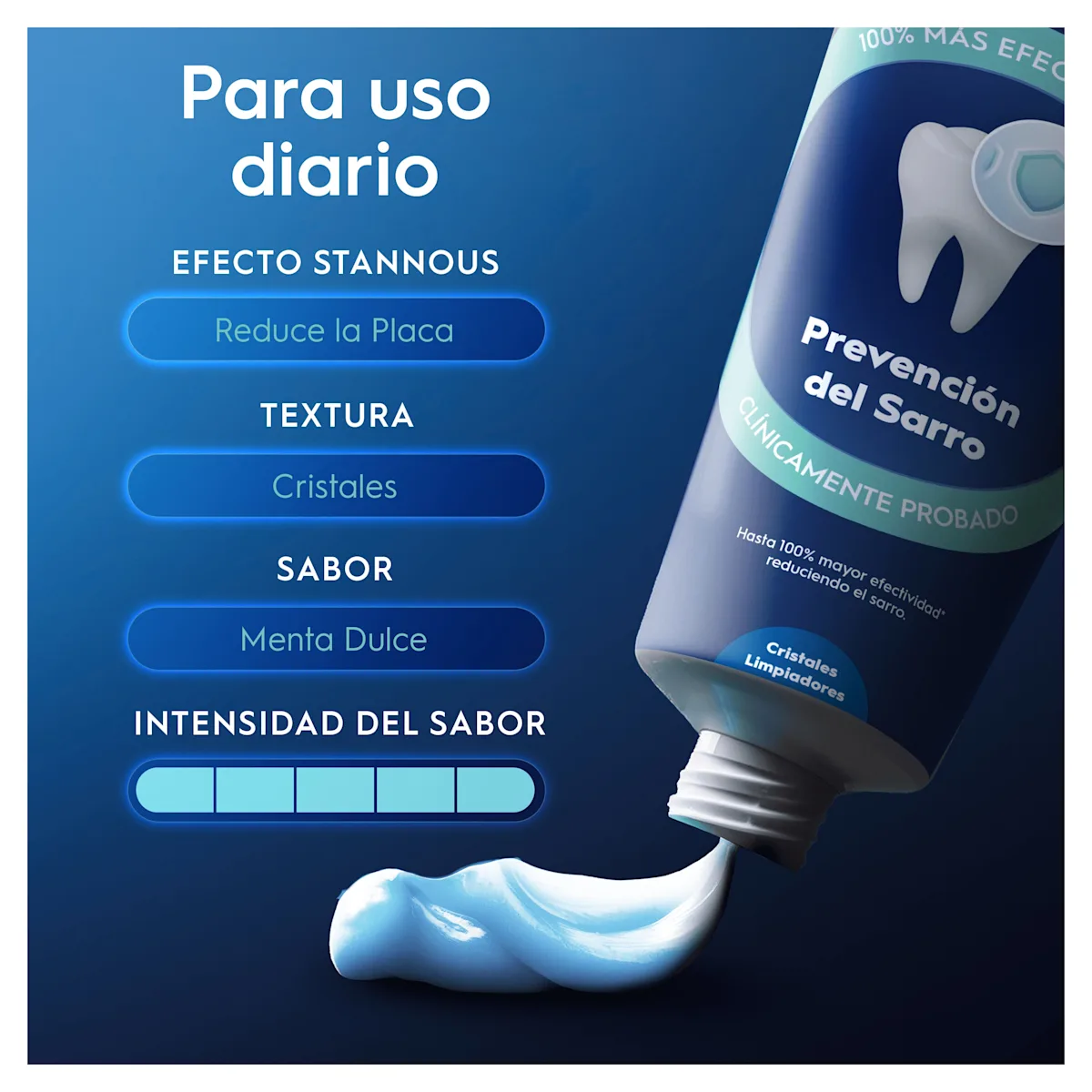 La pasta de dientes Oral-B previene el sarro, reduce la placa y tiene cristales limpiadores para uso diario.