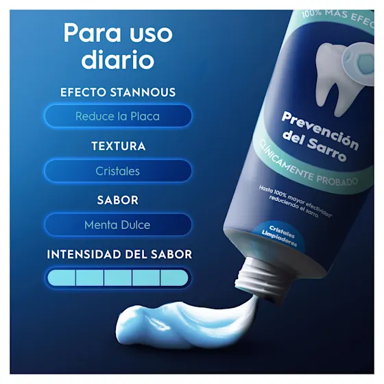 La pasta de dientes Oral-B previene el sarro, reduce la placa y tiene cristales limpiadores para uso diario.