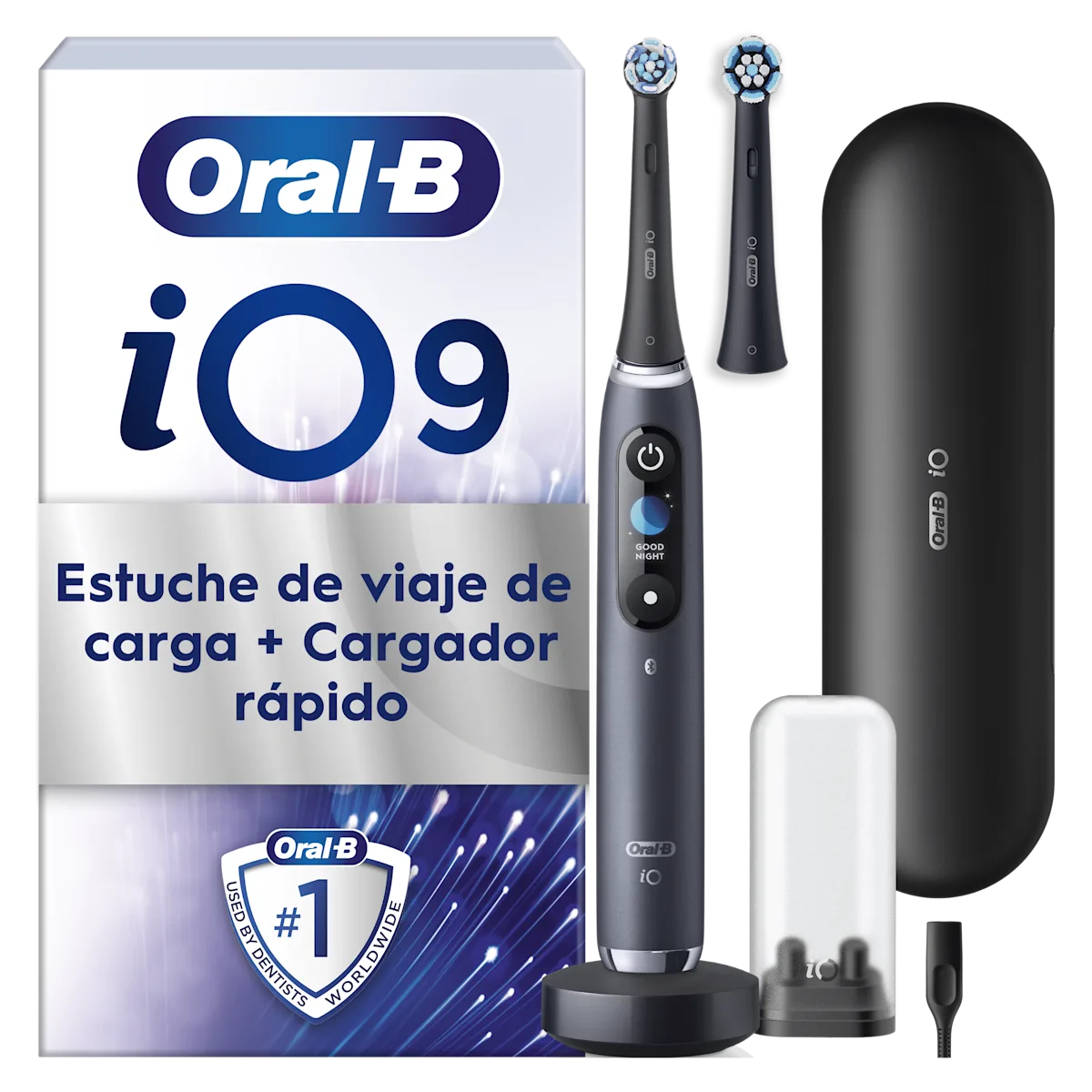 Cepillo de dientes eléctrico iO9 Negro con 2 cabezales y estuche de carga de viaje