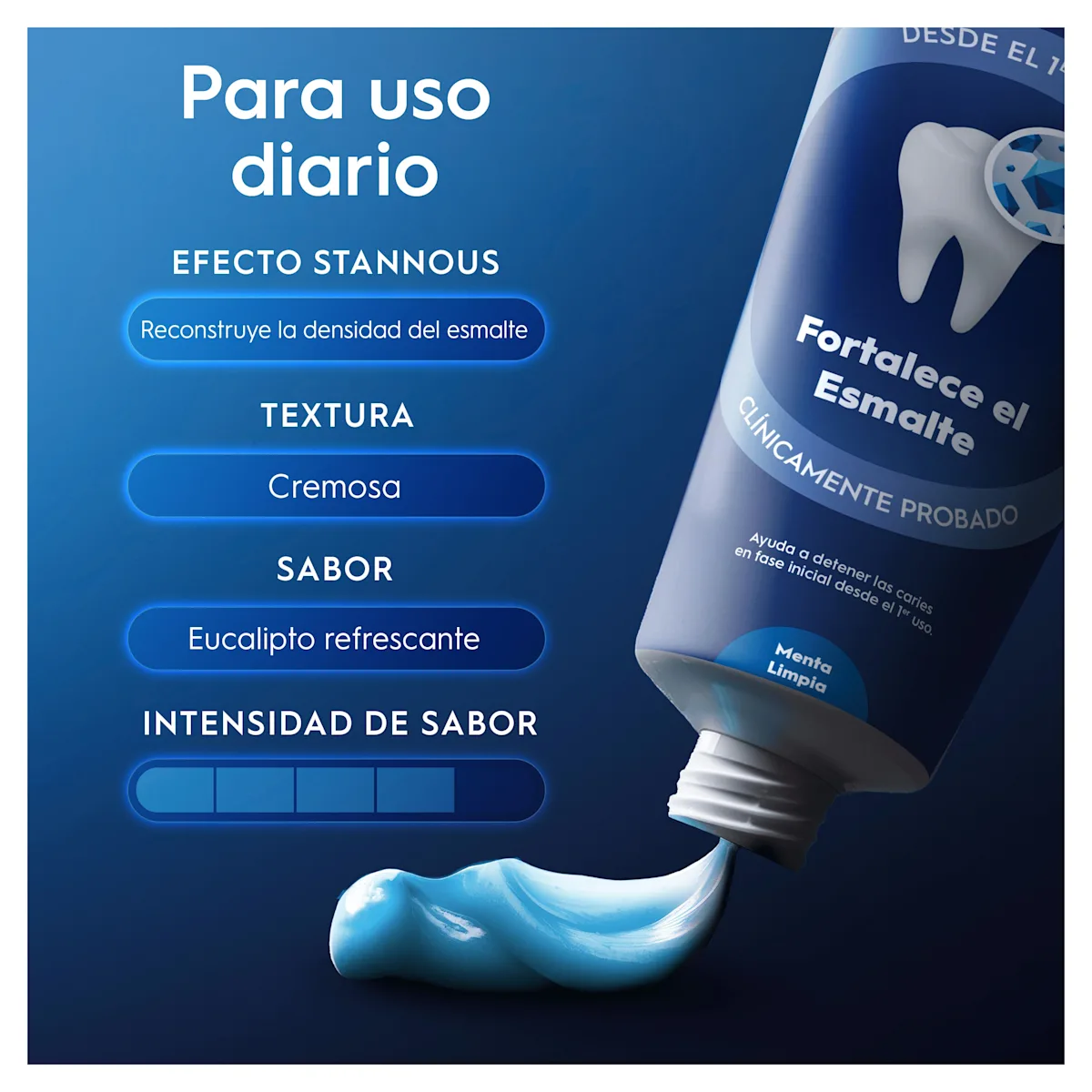 Pasta de dientes Oral-B que fortalece el esmalte, con textura cremosa y sabor a eucalipto refrescante para uso diario.
