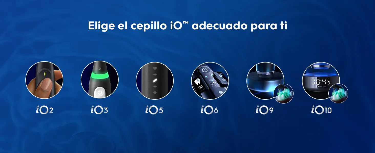 Diferentes modelos de cepillos eléctricos iO (2, 3, 5, 6, 9 y 10) para elegir el adecuado.
