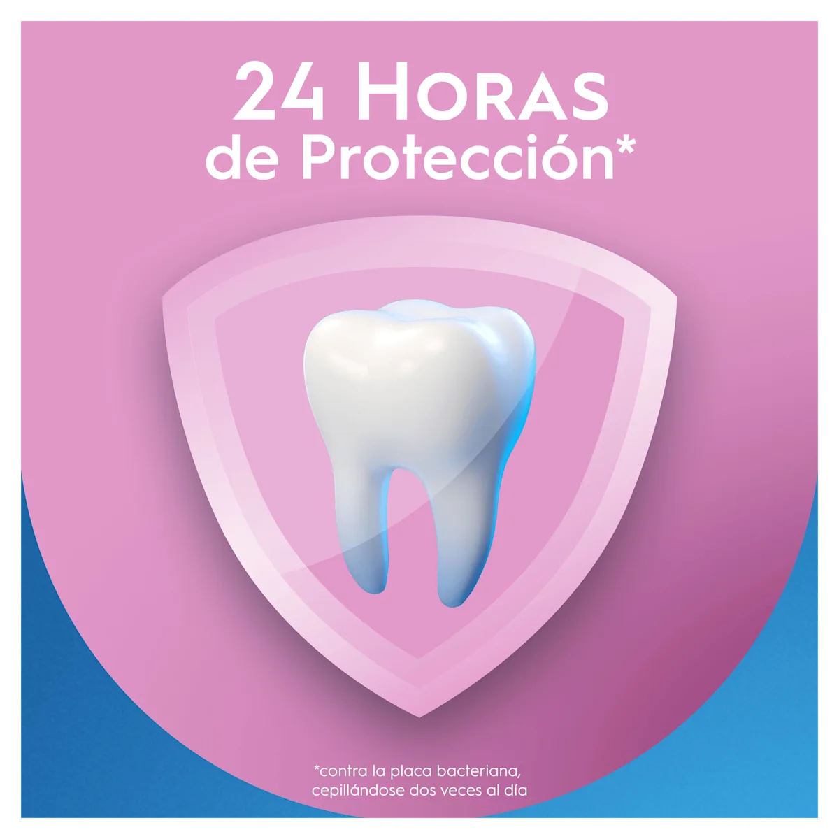 Protección de 24 horas contra la placa bacteriana, ilustrada con un diente blanco protegido por un escudo rosa.