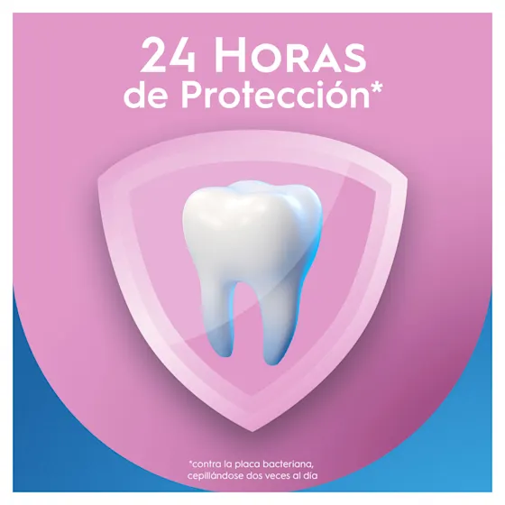 Protección de 24 horas contra la placa bacteriana, ilustrada con un diente blanco protegido por un escudo rosa.