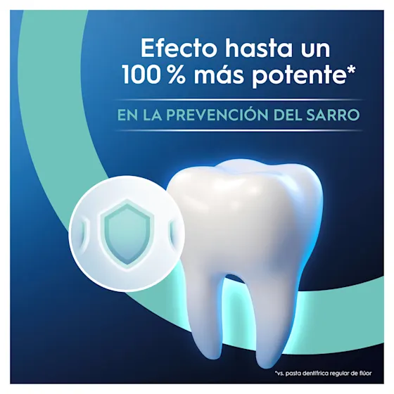 Diente limpio con escudo protector, resaltando "Efecto hasta un 100% más potente en la prevención del sarro".