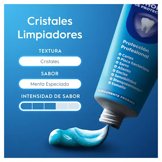Pasta de dientes Oral-B Protección Profesional con cristales limpiadores y sabor a menta especiada para una limpieza profunda.