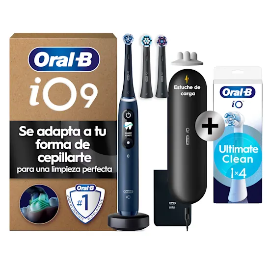 Cepillo eléctrico Oral-B iO9 Sei adapta a tu forma de cepillarate para una limpieza perfecta mostrando la caja y el cepillo con sus cabezales y estuche de viaje.