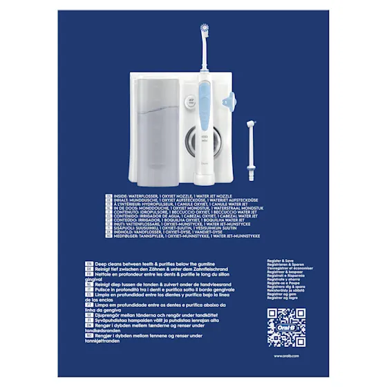 Oral-B Oral Health Center con irrigador y cepillo, destacando la tecnología Oxyjet para limpieza profunda entre dientes y debajo de la encía.