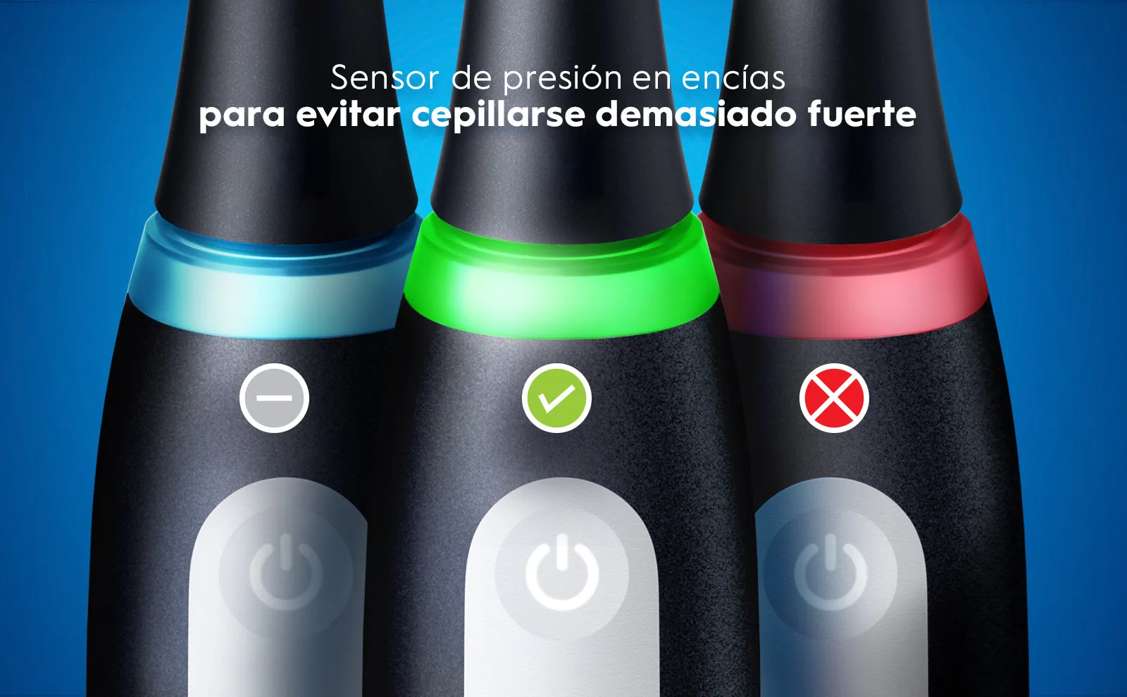 Cepillos dentales azul, verde y rojo con sensores que indican niveles de presión.