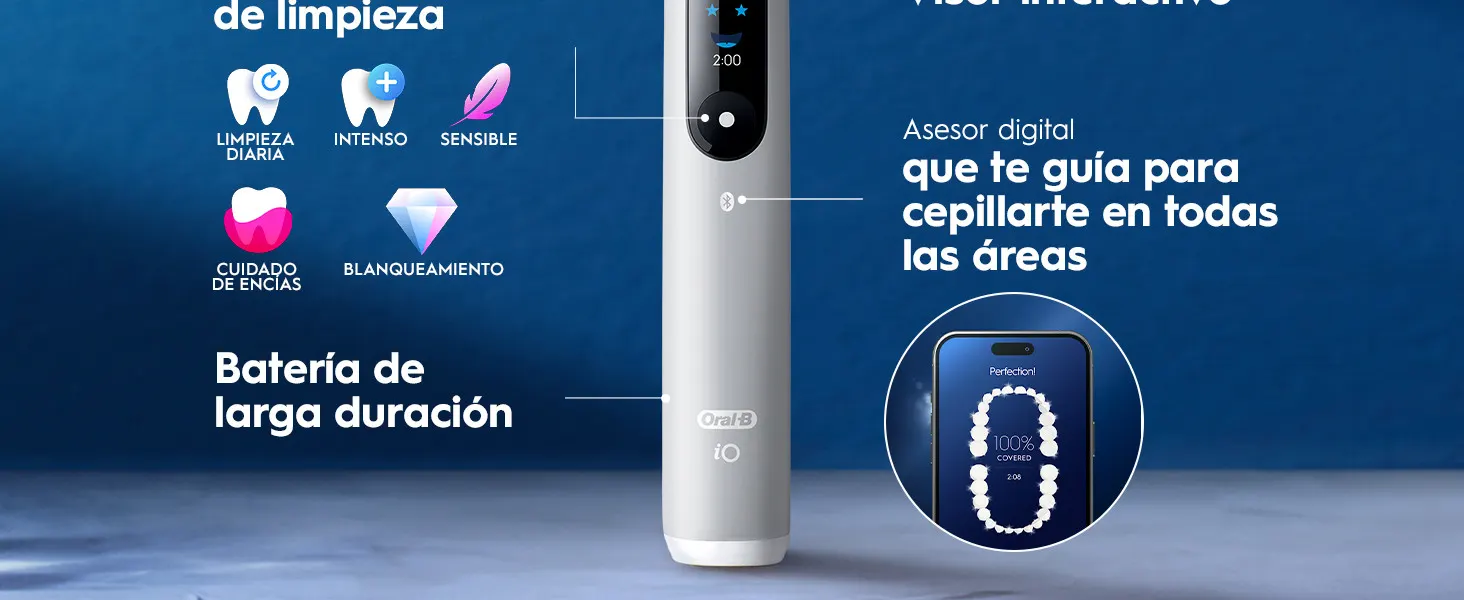 Cepillo eléctrico Oral-B con modos de limpieza, batería duradera y asesor digital para cepillado.