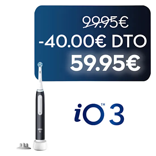 Caja de iO3 con el logo de Oral-B con el texto Sensor visible de presión 360º para proteger las encías. Muestra un cepillo de dientes eléctrico con su base de carga y un soporte para cabezales.