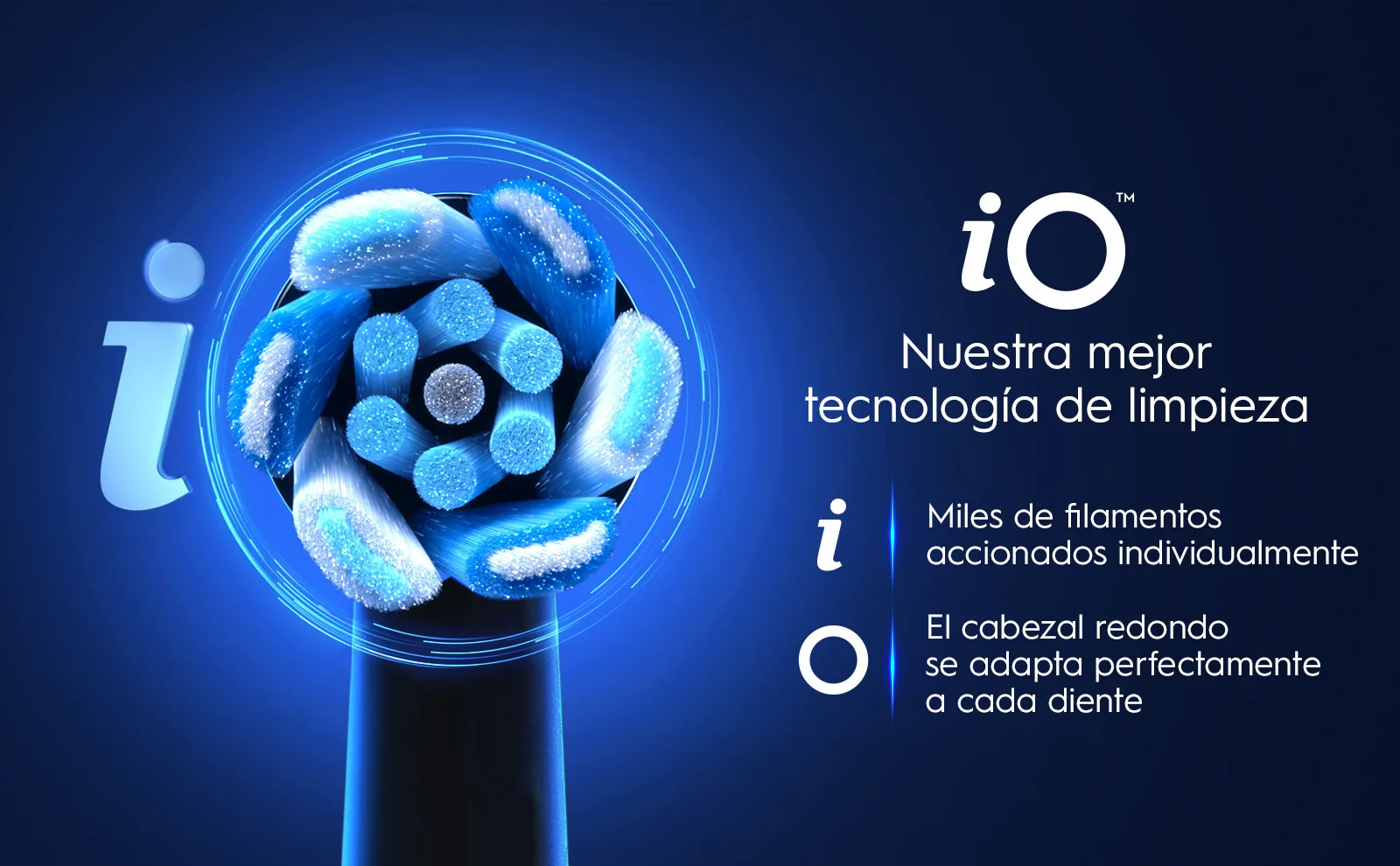 Tecnología iO dental con cabezal redondo y filamentos para adaptación precisa.