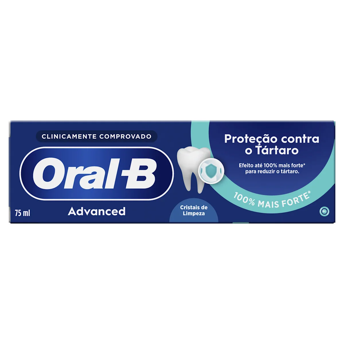Oral-B Advanced, empaque destacando "Protección contra o Tártaro" y "Efeito até 100% mais forte para reduzir o tártaro".