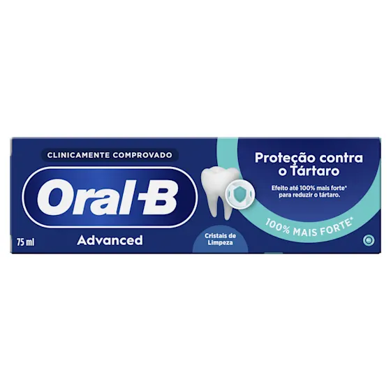Oral-B Advanced, empaque destacando "Protección contra o Tártaro" y "Efeito até 100% mais forte para reduzir o tártaro".
