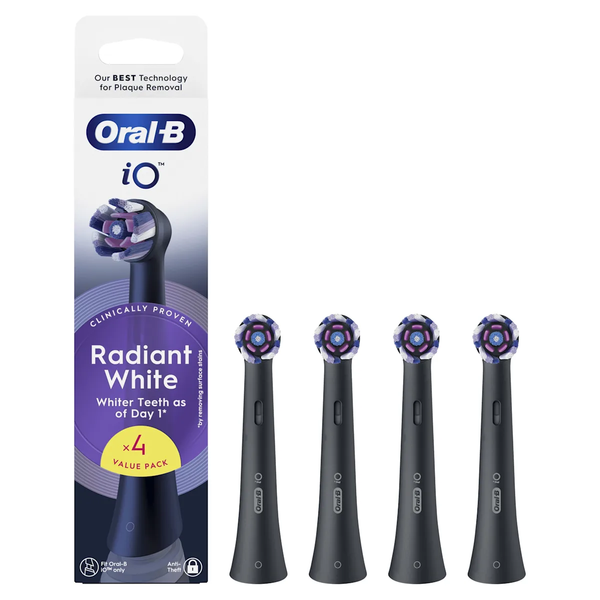 Oral-B iO cabezales de cepillo Radiant White, paquete de 4, con la promesa de dientes más blancos desde el primer día.