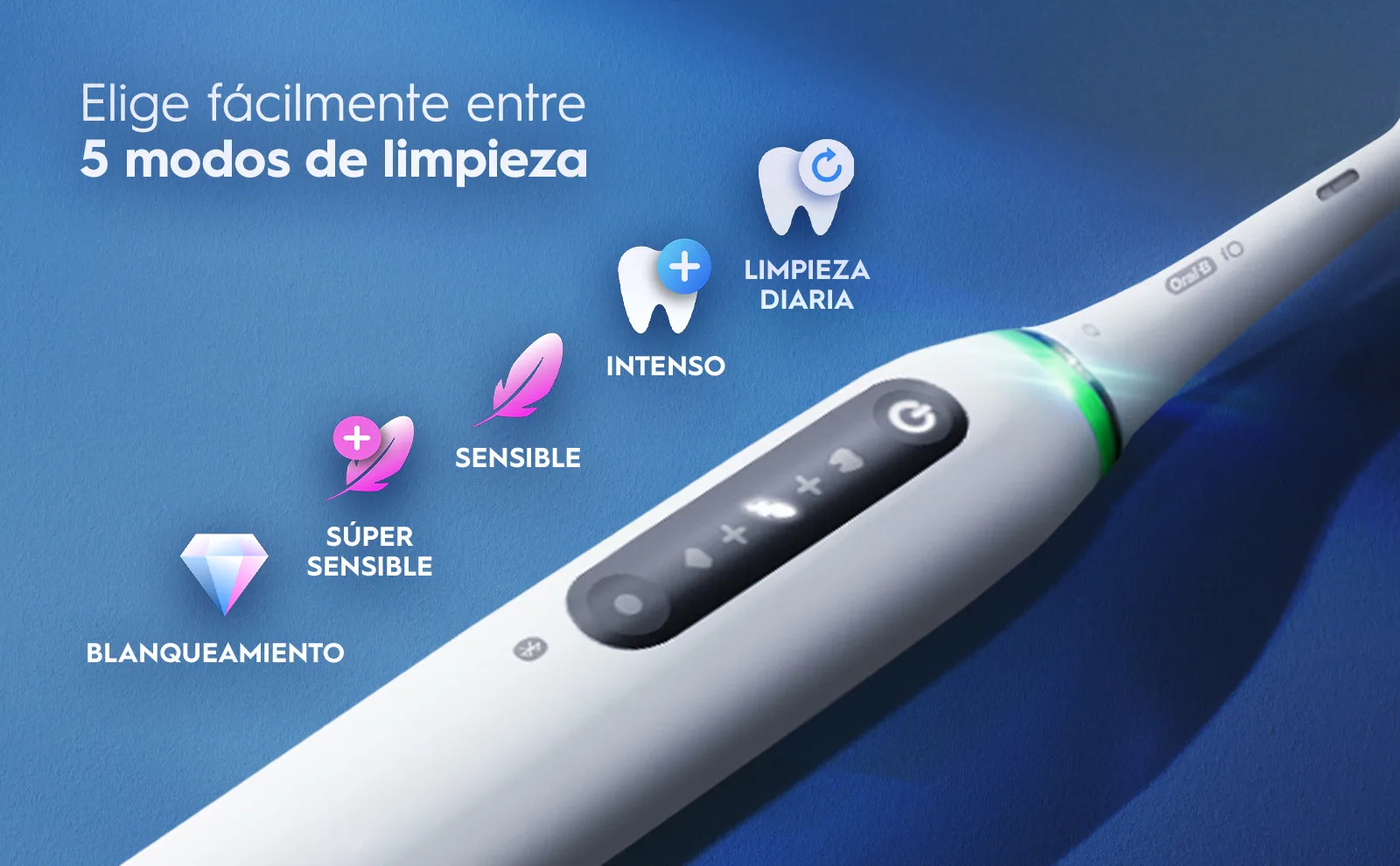 Cepillo eléctrico con 5 modos: blanqueamiento, súper sensible, sensible, intenso y limpieza diaria.