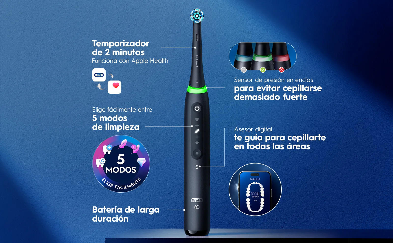 Cepillo eléctrico rosa con 5 modos de limpieza, temporizador y sensor de presión.