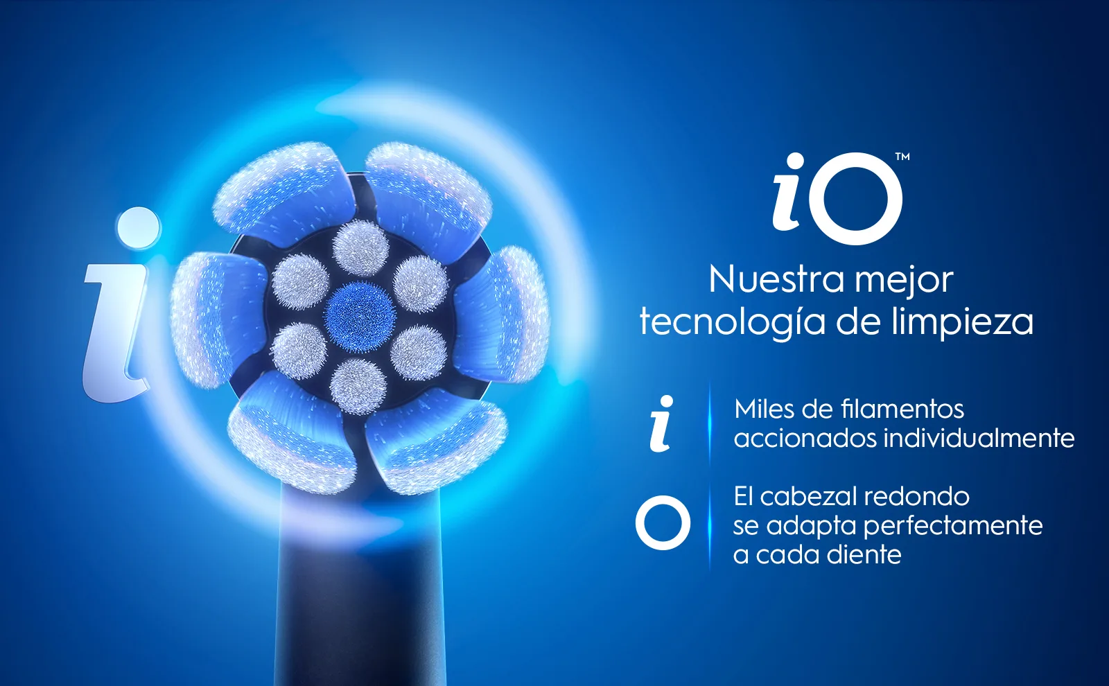 Cabezal redondo de cepillo iO con tecnología de limpieza avanzada y filamentos individuales