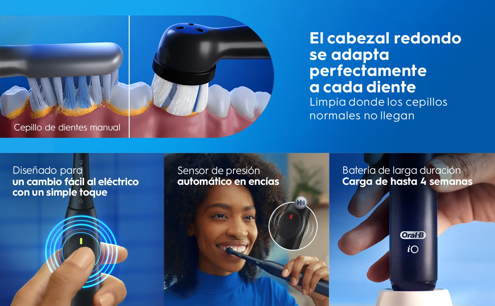 Cepillo eléctrico con cabezal redondo, sensor de presión y batería de larga duración