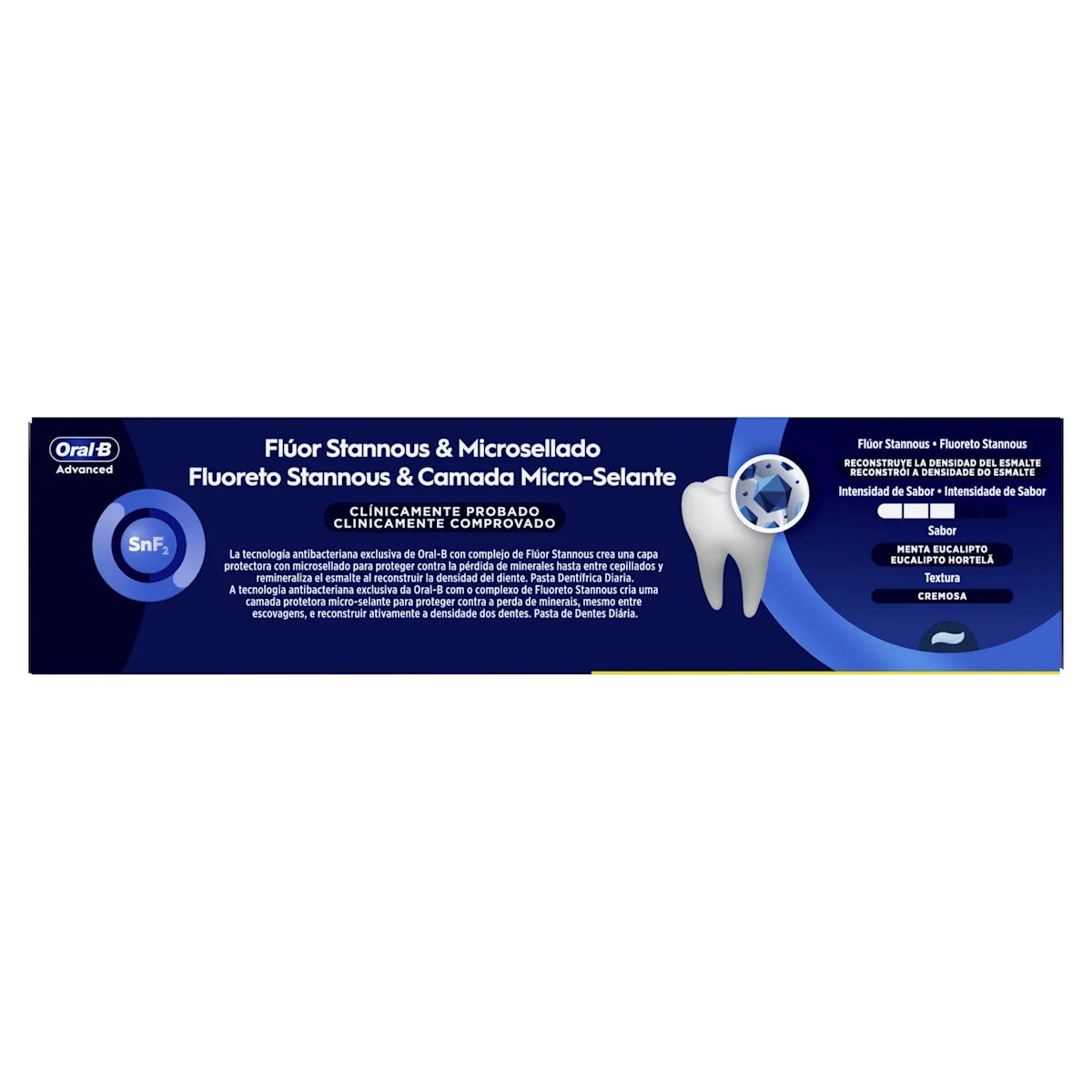 Oral-B Advanced pasta de dientes con flúor estannoso y microsellado para reconstruir la densidad del esmalte.