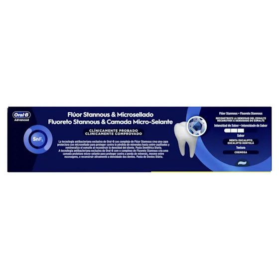 Oral-B Advanced pasta de dientes con flúor estannoso y microsellado para reconstruir la densidad del esmalte.