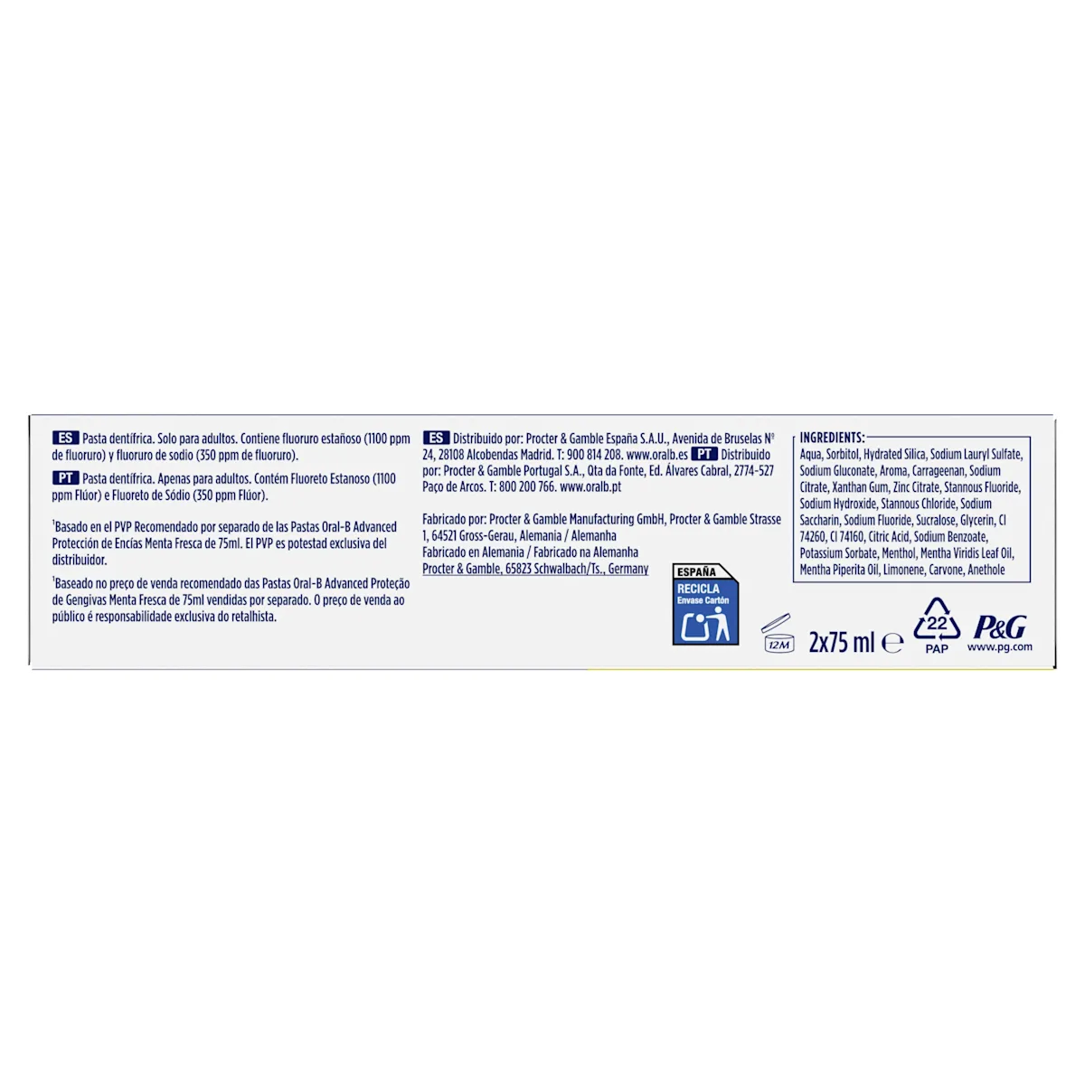 Oral-B Advanced pasta de dientes, empaque destacando "Protección de Encías" y "Efecto 2x más potente".