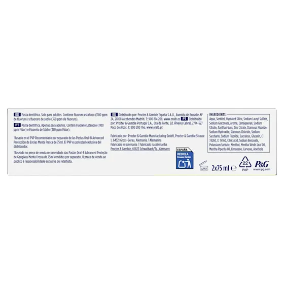 Oral-B Advanced pasta de dientes, empaque destacando "Protección de Encías" y "Efecto 2x más potente".