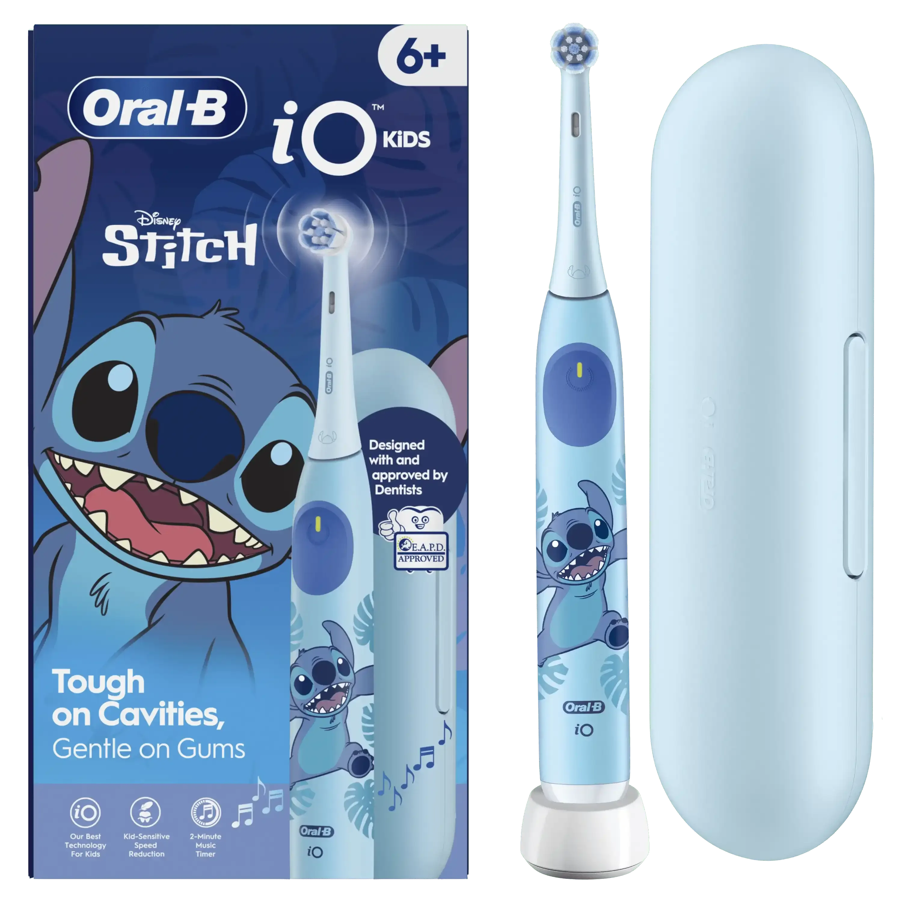 Vista frontal de la caja del cepillo de dientes eléctrico Oral-B iO Kids con diseño de Disney Stitch, para niños demás de 6 años, con el logo de la Academia Europea de Odontología Pediátrica. Incluye un estuche de viaje.