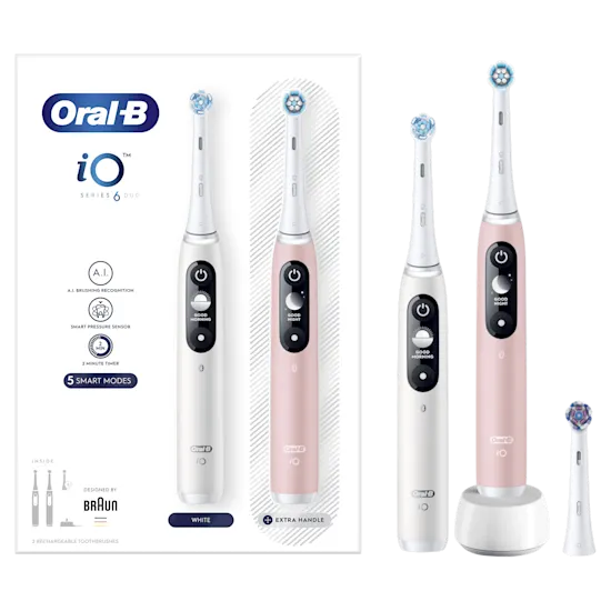Oral-B iO6 connected coach 2 cepillos eléctricos blanco y rosa, con app que guía tu cepillado 360°.