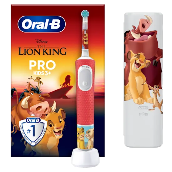 Cepillo de dientes eléctrico Oral-B PRO Kids 3+ con diseño de El Rey León y estuche de viaje a juego.