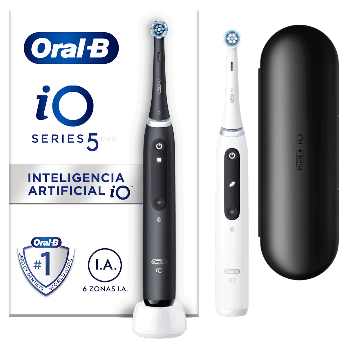 Pack de 2 cepillos eléctricos iO5 Negro y Blanco con 2 cabezales y funda de viaje