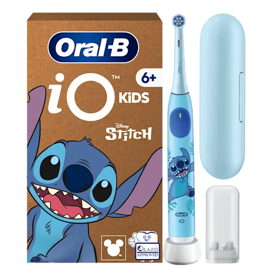 Oral-B iO Kids, cepillo de dientes eléctrico con diseño de Disney Stitch, recomendado para niños de 6 años en adelante.