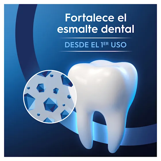 Esmalte dental fortalecido desde el primer uso, visible en primer plano con Oral-B.