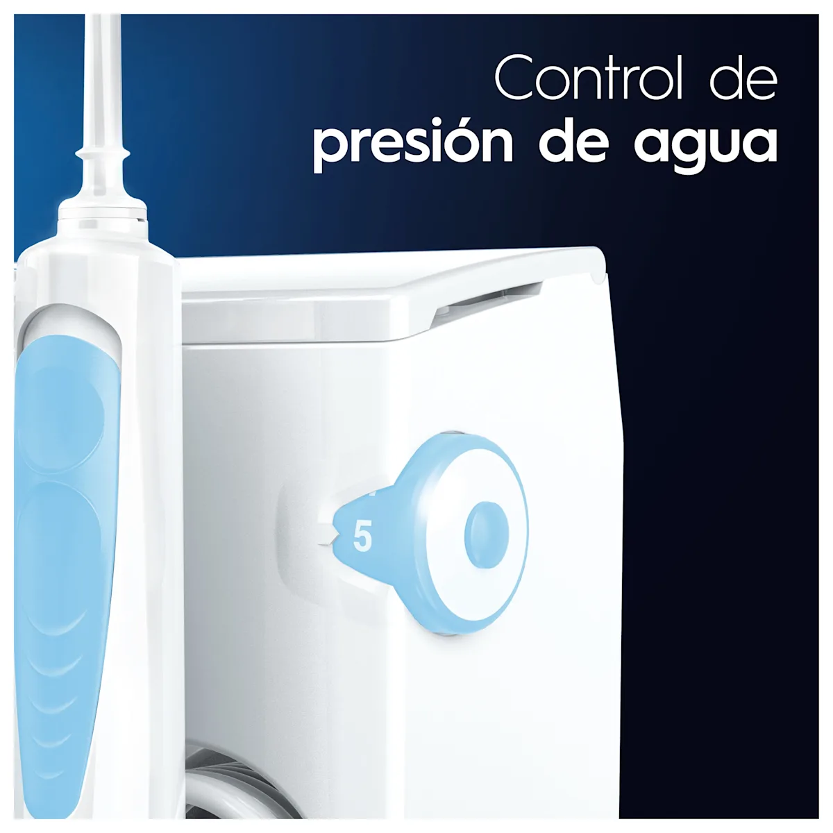 Control de la presión de agua del irrigador Oral-B, con selector de intensidad numerado para una limpieza personalizada y suave.;