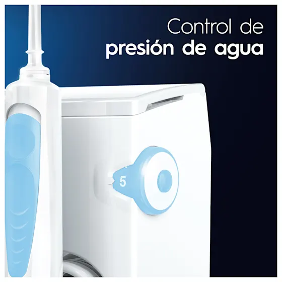 Control de la presión de agua del irrigador Oral-B, con selector de intensidad numerado para una limpieza personalizada y suave.;